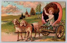Lamb Girl Egg Cart Easter Greetings Vtg Embossed Postcard 1907 PFB 5837 picture