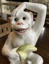 Vintage Italian White Glazed Ceramic Monkey Holding Banana Scratching Head 9 In picture