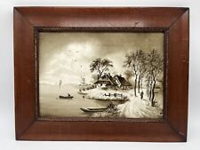 Antique Hand Painted Sepia Brown Delft Tile In Victorian Wood Frame  picture