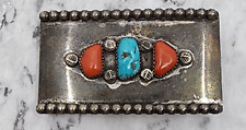 Old Pawn Vintage Native American STerling Silver Coral Turquoise Belt Buckle picture