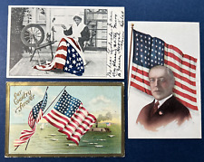 3 Antique Patriotic Postcards. Betsy Ross, Pres. Wilson, Submarine. Colorful. picture