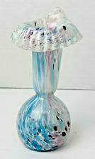 MURANO-Style Vintage END OF DAY Blue Pink Spatter Crimped Ruffle Vase picture
