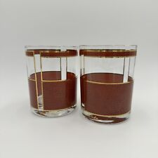 Vtg Georges Briard Lowball Glasses Set (2) Leather Feel Burgundy & Gold Trim MCM picture