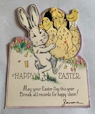 Vintage Mechanical Easter Card - Rabbit Carries Egg - Chicks picture