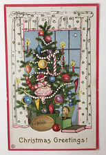 Christmas Greetings PC Antique Tree by Window Doll Football Jack in the Box picture