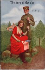 1914 Military / Romance Postcard Pretty Girl w/ U.S. Flag 