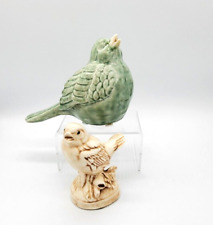 Pair of Decorative Ceramic Birds Green and Tan Signed Hand Made Finch or Sparrow picture