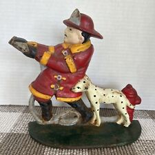 Vintage Cast Iron FIREMAN & DALMATION~BOOKEND DOORSTOP~7-1/2 INCH HIGH~8 