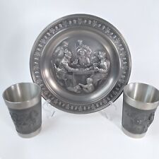 Vintage Pewter Wall Plate and 2 Cups Renaissance Inn Playing Cards Drinking Ale picture