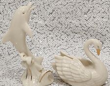 Vintage LENOX  Porcelain  4” Dolphin & Swan Figurine  Cream Gold Trim Set picture