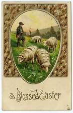 Easter Shepherd Tending Flock of Sheep Postcard picture