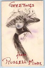 1911 Greetings From Russell A Woman Glitter Minnesota MN Correspondence Postcard picture