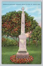 Marquette Monument Opposite Indian Village St Ignace Mi Linen Postcard No 4772 picture