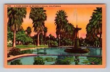 Beverly Hills CA-California, Scenic Fountain at Park, Antique Vintage Postcard picture