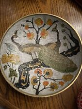 Vtg STUNNING ORNATE Brass & Enameled DoublePeacocks Bowl, hand-painted, India,  picture