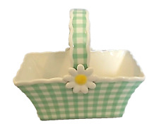 Teleflora Daisy Ceramic Basket Flower Planter Gingham Green and White picture