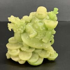 Happy Buddha Faux Jade Green Resin Statue Laughing Figurine Riding Dragon Turtle picture
