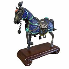 Chinese Silver Export Cloisonne Enamel War Horse w Turquoise & Coral on Rosewood picture