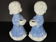 Vintage Porcelain Boy Girl Blue Candle Holders Christmas Figures Japan 4