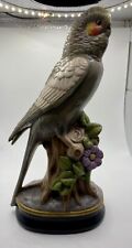 Ceramic Budgie/Parakeet Figurine on Wood Perch with Purple Flower, Green Leaves picture