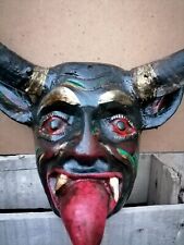 Rare Black Devil Mask Diablo Horns Wood Carving Vintage Antique Black Art  picture