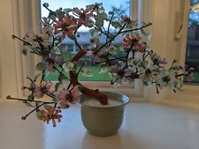 Vintage Chinese Jade Glass Bonsai Tree in Celadon Pot Multi-Color Flowers Large  picture