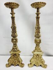 VINTAGE ANTIQUE LARGE PAIR BRASS ALTAR CANDLESTICK CHURCH W HOLY FAMILY CHALICE picture
