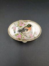 Vintage Lovely Robin Bird and Blooms Porcelain Trinket Keepsake Metal Pill Box picture