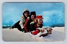 Three Girls And A Toboggan, Snowy Sleighed, Vintage Postcard picture