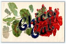 c1910s Greetings From Chico California CA, Red Flowers Glitter Embossed Postcard picture