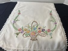 Hand-Crafted Embroidered Dresser Scarf Runner Floral Basket Lace Trim Vintage picture