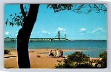 Mackinaw City MI-Michigan, Mackinac Bridge Lake Michigan Vintage c1962 Postcard picture