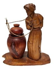 Vintage Chinese Carved Wooden Figure Of Woman Barell Rope , Handcrafted 13.5
