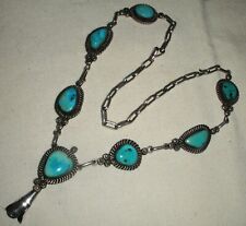 VINTAGE NAVAJO SQUASH BLOSSOM TURQUOISE STERLING SILVER NECKLACE SIGNED vafo picture