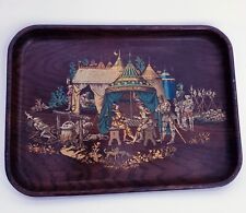 Oriental Tray Vintage Knights Playing Chest in Tents Brown Wood Serving Platter picture