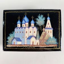 Vintage Handpainted Russian Lacquer Box Signed Beautiful Churches Details Black picture