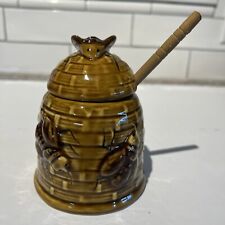 Vintage Retro Ceramic Bee Hive Basket Weave Lidded Honey Pot Japan W/ Dipper picture