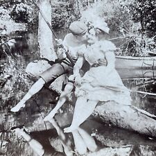 Antique 1899 Man Woman Flirting While Fishing Stereoview Photo Card P2386 picture