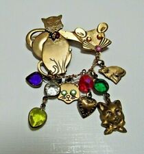 VTG JEWELED CAT/ MOUSE BROOCH & JEWELED CHARMS VERY UNIQUE PIN UNBRANDED picture