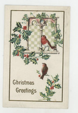 Vintage Christmas  Postcard   BIRDS    WINDOW   HOLLY     EMBOSSED     POSTED picture