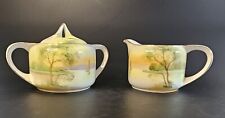 Nippon Antique Japanese Hand Painted Sugar Bowl & Creamer Set River Sailboat picture