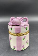 Vintage Hermitage Pottery Trinket Box, Purple Flowers and Ribbon, Hinged  picture