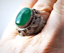 Antique Sassanian Persian Chrysoprase in Cast Silver Ring 9 picture