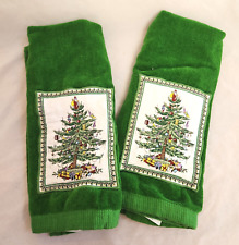 Pair Spode Christmas Tree Kitchen Towels Hand Dish Towels Appliqued Green *USED* picture