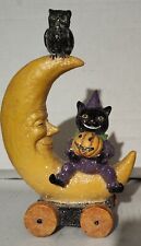 Vintage Halloween Cat Holding Pumpkin Sitting In Crescent Moon Whimsical Weird  picture