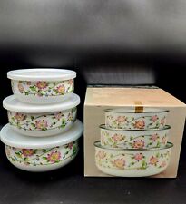 Vintage Set of 3 Kobe Kitchen Enameled Floral Nesting Mixing Bowls With Lids IOB picture