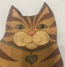 Primitive Folk Art Vintage Wooden Wall Hanging Tabby Cat With Big Smile. picture