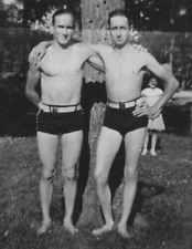 5P Photograph 3x4 Handsome Men Bathing Suits Portrait Embrace 1930's Belts Sexy  picture