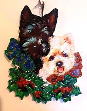 SCOTTIE, WESTIE - DOGS in HOLLY  Glitter WOOD CHRISTMAS ORNAMENT * Vtg Img picture