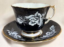 Vintage Aynsley Cup Saucer England Bone China Black White Flowers Gold Trim picture